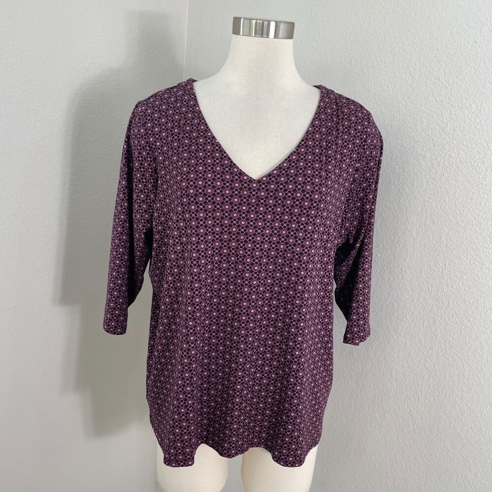 NEW J Jill Wearever Womens XL Purple‎ Geometric V Neck Top Stretch Shirt
